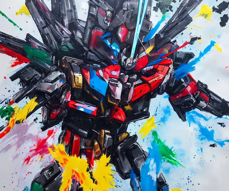 Image similar to acrylic and spraypaint action portrait of a giant gundam battling in space, explosions, graffiti wildstyle, large brush strokes, painting, paint drips, acrylic, clear shapes, spraypaint, smeared flowers, origami crane drawings, large triangular shapes, painting by ashley wood, totem 2, jeremy mann, masterpiece