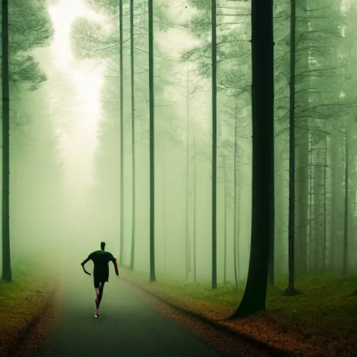 Image similar to a sporty guy runs alone through a forest with tall trees, acid-green sneakers, a photo from the back in perspective, art by Mikko Lagerstedt, ,