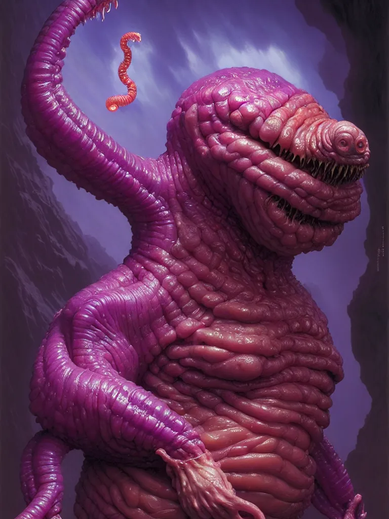 Image similar to hyperrealistic rendering, fat smooth cronenberg flesh monster d & d purple worm by donato giancola and greg rutkowski and wayne barlow and zdzisław beksinski, eyeballs, lightning, magic runes, product photography, action figure, sofubi, studio lighting, colored gels, colored background