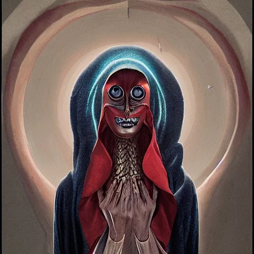 Image similar to facial portrait of tall, long-necked lipless mutant with scaled face and serpent eyes wearing gauze toga and standing in science fiction art deco mosque, alien bestiary by Barlowe, Greg Rutkowski, and Yoshitaka Amano