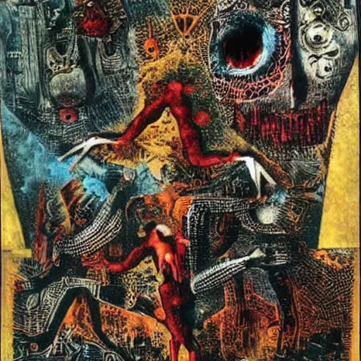 Image similar to uncanny repressed emotional monsters breaking free from the unconscious in a fiery revolution, collage by max ernst