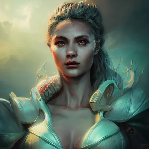 Image similar to A stunning comic book style portrait painting of a dragon goddess, d&d, fisheye lens, unreal 5, DAZ, hyperrealistic, octane render, cosplay, RPG portrait, dynamic lighting,