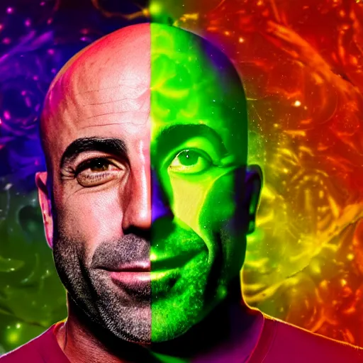 Image similar to a portrait of joe rogan with a psychedelic background with bokeh