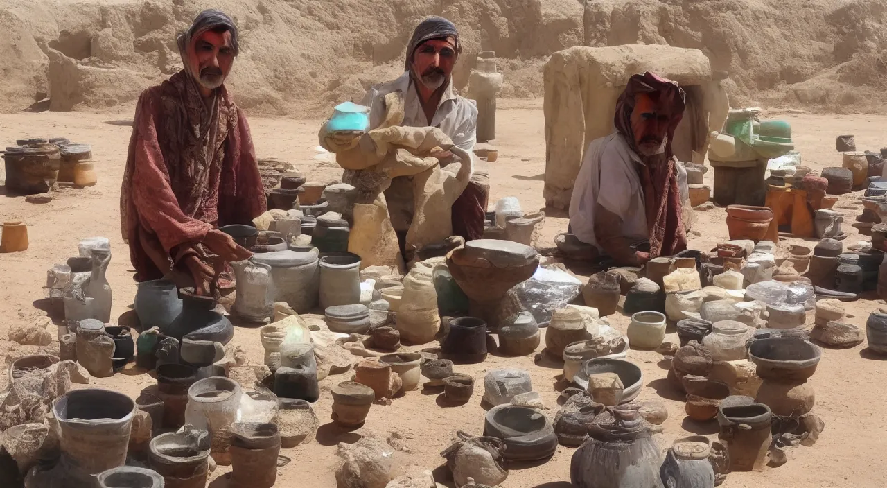 Image similar to A desert shopkeeper selling canteens