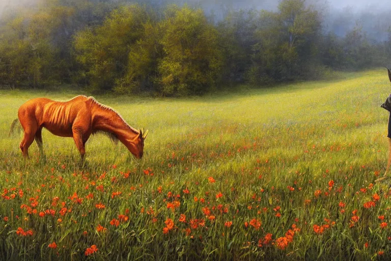 Image similar to a creature called XJVAIJOVIAJ standing in a calming meadow, created by Mark Keathley