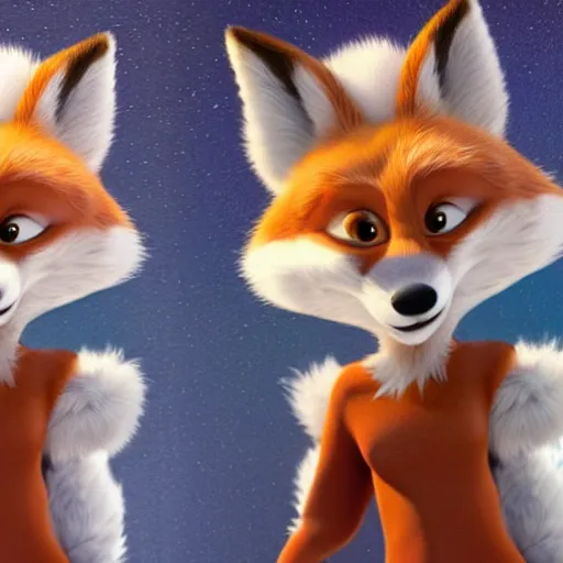 Image similar to full body shot of a anthropomorphic female fox with short white fur covering her body in the style of zootopia, far shot, top down view