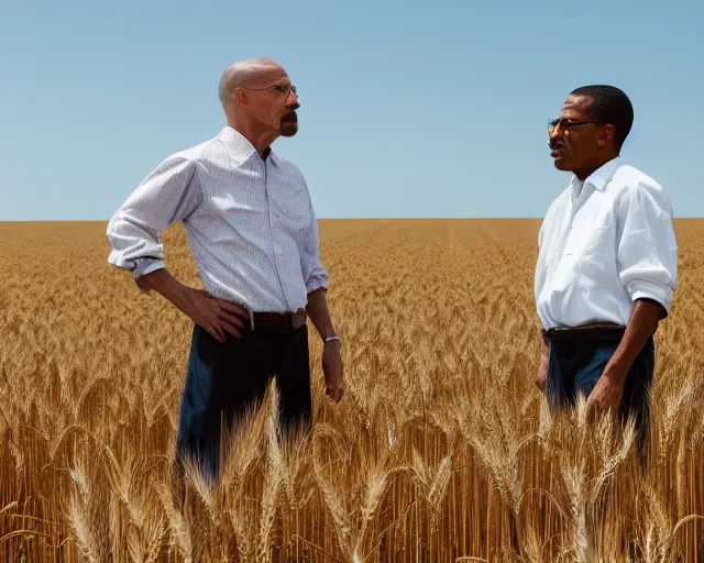 Prompt: extreme long shot of walter white and gustavo fring stand facing each other from a distance in a wheat field, low angle, side view, 3 5 mm photograph, 8 k resolution, wide shot, sharp lens