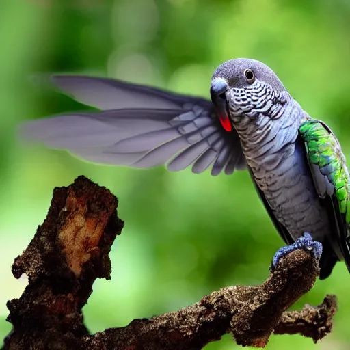 Prompt: an african gray parrot mixed a hummingbird