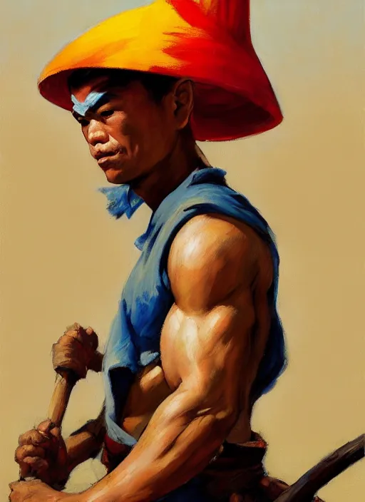 Prompt: greg manchess side portrait of a filipino fighter wearing a jester hat sitting on a tank holding a staff, organic painting, sunny day, matte painting, bold shapes, hard edges, street art, trending on artstation, by huang guangjian, gil elvgren, ruan jia, randy vargas, greg rutkowski