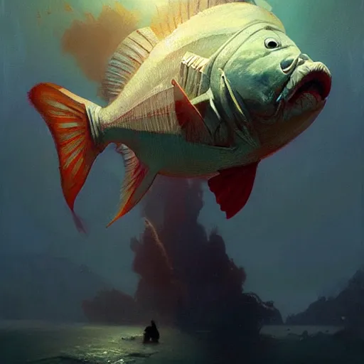 Prompt: a radioactive sheatfish. highly detailed painting by craig mullins, tom bagshaw,