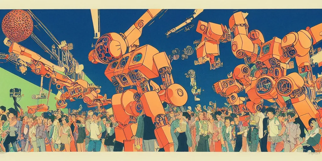 Prompt: gigantic mecha robots in a dance battle, a lot of people in disco clothes dancing, disco balls everywhere, risograph by kawase hasui, edward hopper, satoshi kon and moebius, no text!, colorful flat surreal design, super - detailed, a lot of tiny details, fullshot