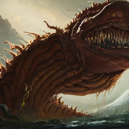 Image similar to a giant worm beast, worm monster, worm mouth, worm round mouth, rock and dust, worm brown theme, bright art masterpiece artstation. 8 k, sharp high quality artwork in style of jose daniel cabrera pena and greg rutkowski, concept art by tooth wu, blizzard warcraft artwork, hearthstone card game artwork, earthworm rising from the ground