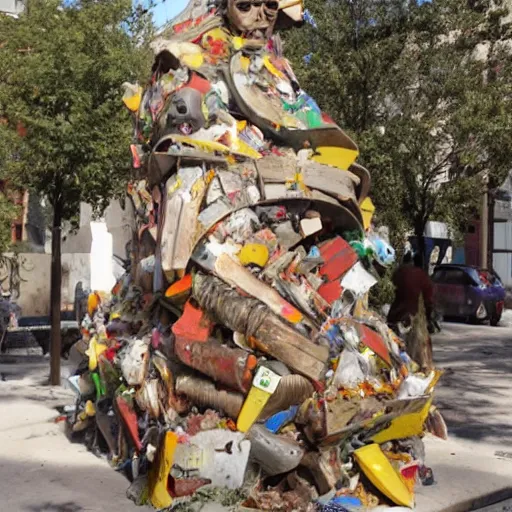 Prompt: A sculpture a preacher Dante Gebel made pure recycle materials trash, Rebecca Sugar