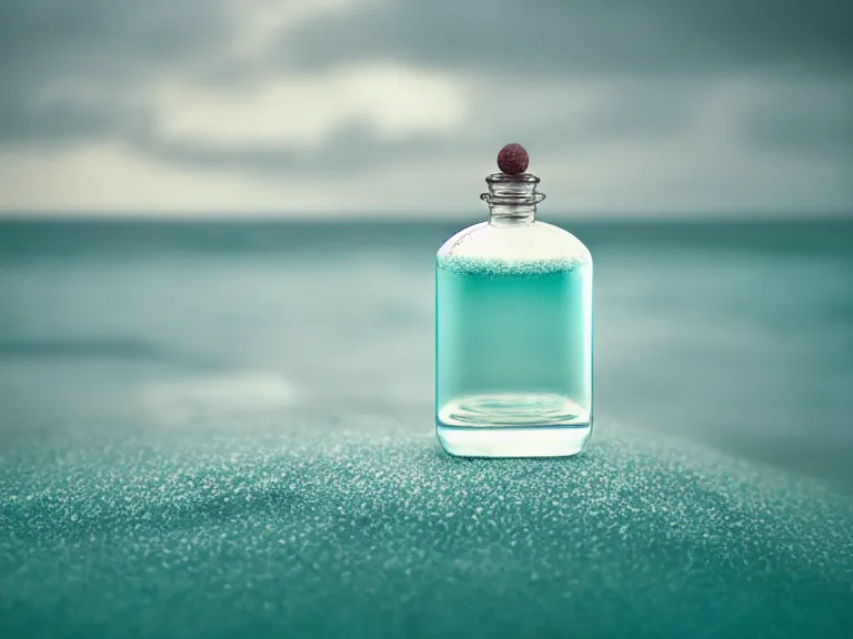 Image similar to cinestill 5 0 d photography of perfume bottle emerging from seafoam with marmelade sky / 4 style of nicholas fols, 2 0 0 mm, mute dramatic colours, soft blur outdoor stormy sea background, volumetric lighting, hyperdetailed, hyperrealistic