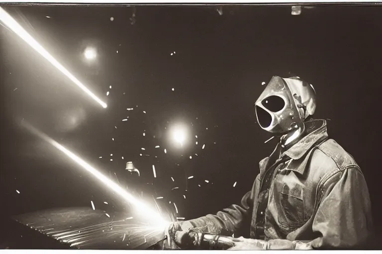 Image similar to welder in welding mask in a berlin dance club, ominous lighting, by richard avedon, tri - x pan stock