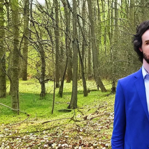 Image similar to Corran McCallum [[Corran McCallum]] facebook profile image of Corran McCallum, brown hair, blue jacket infront of trees. Young brown haired man with facial hair, photo of Corran McCallum.