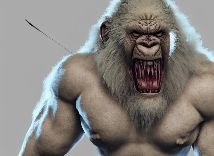 Image similar to extremely scary angry old tough rough looking albino warrior gorilla. scars, scary, gruffness, interesting 3 d character concept by square enix, in the style of league of legends, hyper detailed, cinematic, final fantasy, character concept, ray tracing, fur details, maya, c 4 d, artstation