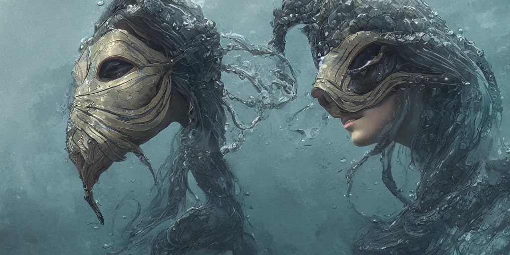 Image similar to female water creature with a mask made of rock character design sheet, Moebius, Greg Rutkowski, Zabrocki, Karlkka, Jayison Devadas, Phuoc Quan, trending on Artstation, 8K, ultra wide angle, zenith view, pincushion lens effect