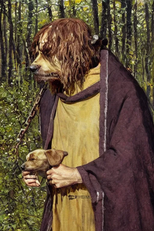 Prompt: Slavic dog head man, woolen torso in medieval clothes, walking in the forest, Orthodox Saint Christopher, oil painting, painting by Viktor Vasnetsov, concept art, hyperborea, beautiful dog head, hyperrealism, beautiful, high resolution, trending on artstation,