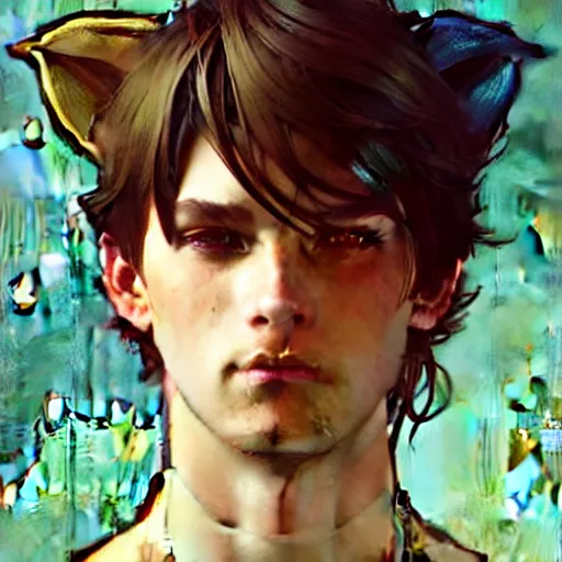 Prompt: Portrait of a pretty fantasy catboy with cat ears. Art by Greg Rutkowski and Alphonse Mucha