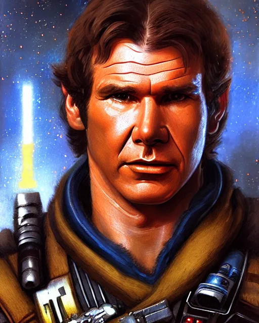 Image similar to character portrait closeup 4 0 years old han solo harrison ford cyberpunk starcraft terran warhammer 4 0 k space marine, confident, character design, painting by gaston bussiere, katsuya terada, frank frazetta, tom of finland, gta v, wlop, artgerm, trending on artstation