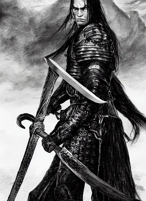 Prompt: a man with long braided black hair and white eyes stands alone against great stone fortress, dark fog surrounds him, he is dressed in heavy leather armor and carries a large sword