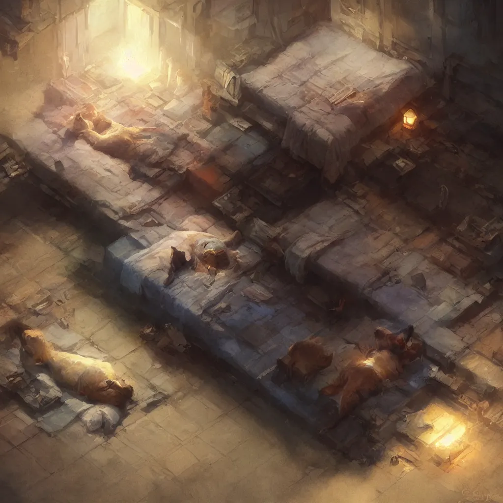 Prompt: cat laying on bed in under ground base, concept art, by greg rutkowski, volumetric lighting, complementing colors