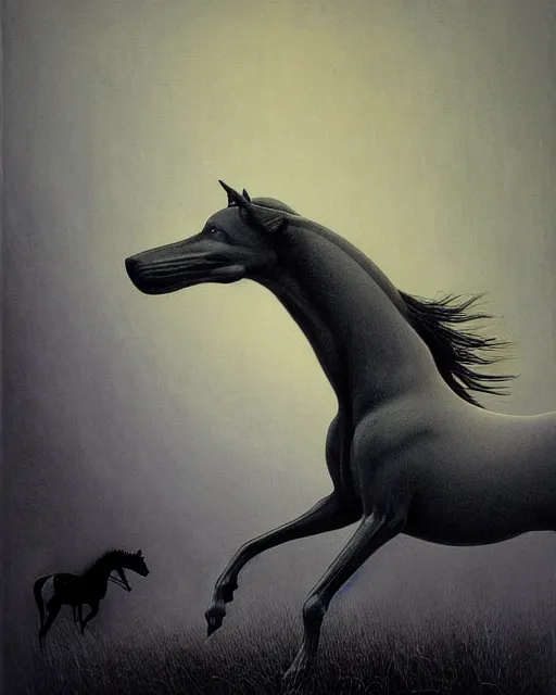 Image similar to painting of hybrid between black weimaraner & black stallion horse! & intercrossed animal, by zdzislaw beksinski, by mattias adolfsson, by tiffany bozic, cold hue's, warm tone gradient background, concept art, beautiful composition,