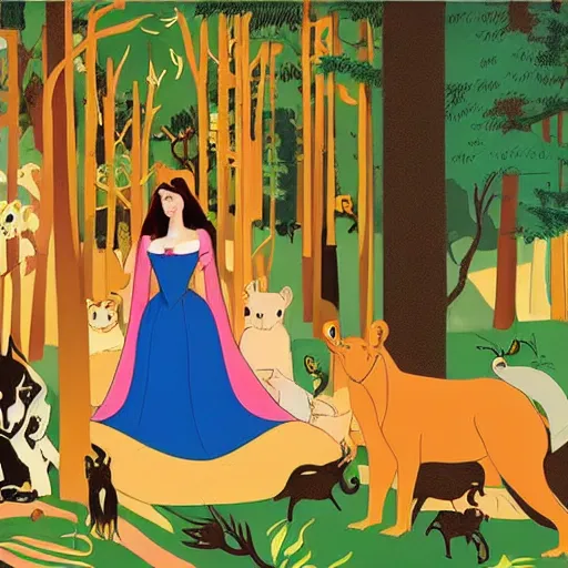 Prompt: A beautiful computer art of Princess Aurora singing in the woods while surrounded by animals. She looks so peaceful and content in the company of the animals, and the colors are simply gorgeous. cutaway by Jacob Lawrence flowing, random