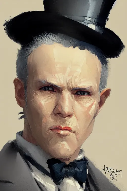 Image similar to a grey hair halfling with no beard top hat and suit by Greg Rutkowski, painting, portrait, high details, trending on artstation