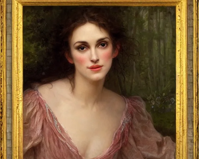 Prompt: portrait en buste of winona ryder kiera knightley in repose by Hughes Merle, by Pierre Auguste Cot, perfect detailed eyes, realistic fabric, abundant detail, dramatic pose