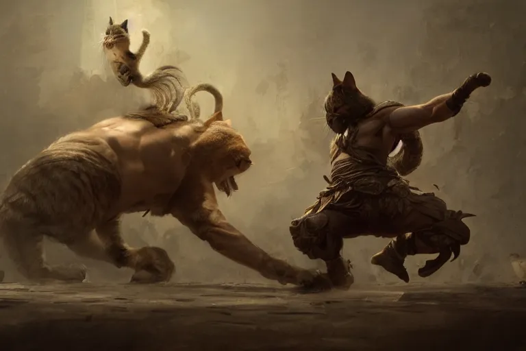 Image similar to a muscular tunisian man fighting a cat wearing crown, digital painting, volumetric light, intricate, sharp, focus, bloom, illustration, highly detailed, concept art, matte, ruan jia, randy vargas, greg rutkowski