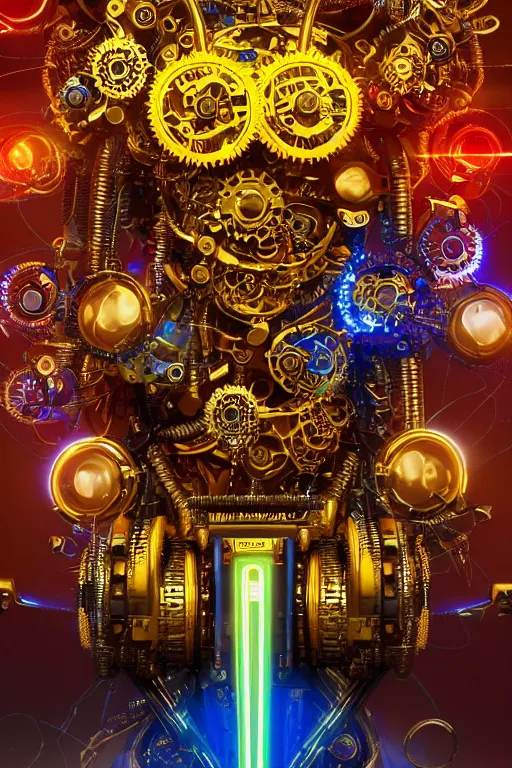 Image similar to portrait photo of a giant huge golden and blue metal steampunk robothead covered with multicolored machine parts and gears and tubes, eyes are glowing red lightbulbs, shiny crisp finish, 3 d render, 8 k, insaneley detailed, fluorescent colors, background is multicolored lasershow