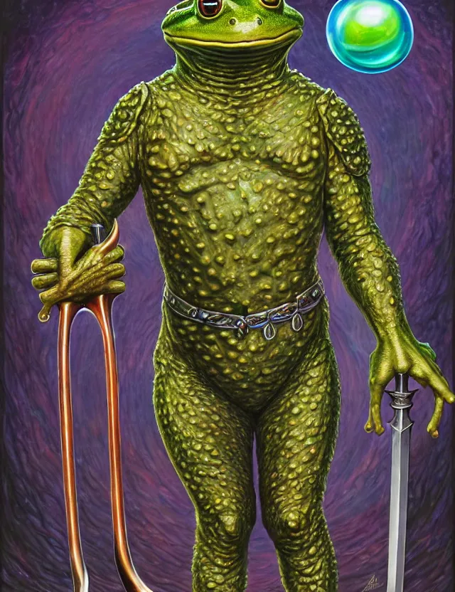 Image similar to anthropomorphic bipedal frog that is wearing full steel plate armor, and holding a colossal sword in his hand, as a matte oil painting and d & d character art, by alex grey, standing, fullbody, floating bubbles, psychedelic, award - winning, extremely detailed, sharp focus