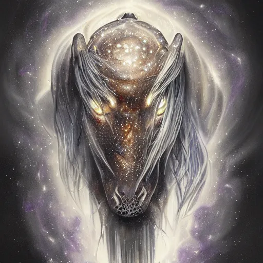 Image similar to a wlop 3 d render of very very very very highly detailed beautiful mystic portrait of a phantom undead horse with whirling galaxy around, tattoos by anton pieck, intricate, extremely detailed, digital painting, artstation, concept art, smooth, sharp focus, illustration, intimidating lighting, incredible art,