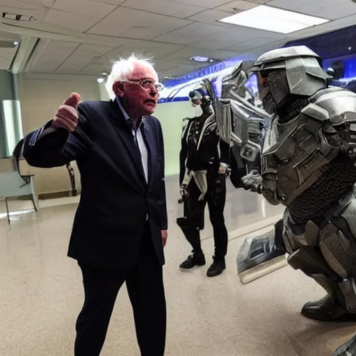 Prompt: bernie sanders in intimidating futuristic halo battle armor, bloom, stunning