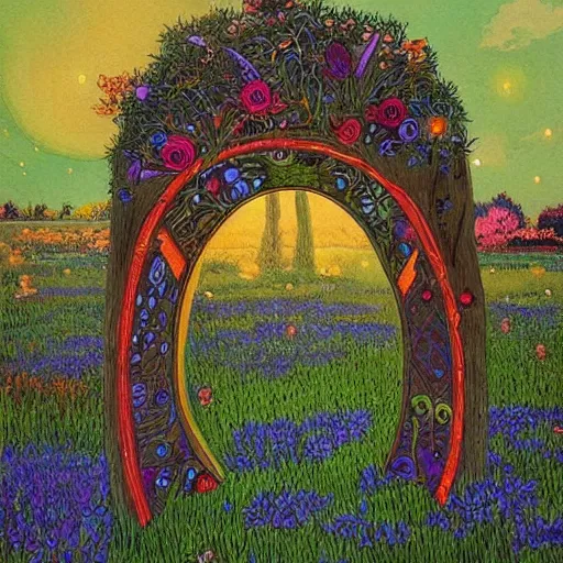 Prompt: a beautiful painting of a magical portal made of wood and glowing jewels in a field of flowers by moebius