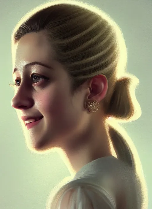 Image similar to portrait of lili reinhart, smiling kindly, bangs, 1 9 6 0 s, ponytail, bangs and ponytail, intricate, elegant, glowing lights, highly detailed, digital painting, artstation, concept art, smooth, sharp focus, illustration, art by wlop, mars ravelo and greg rutkowski