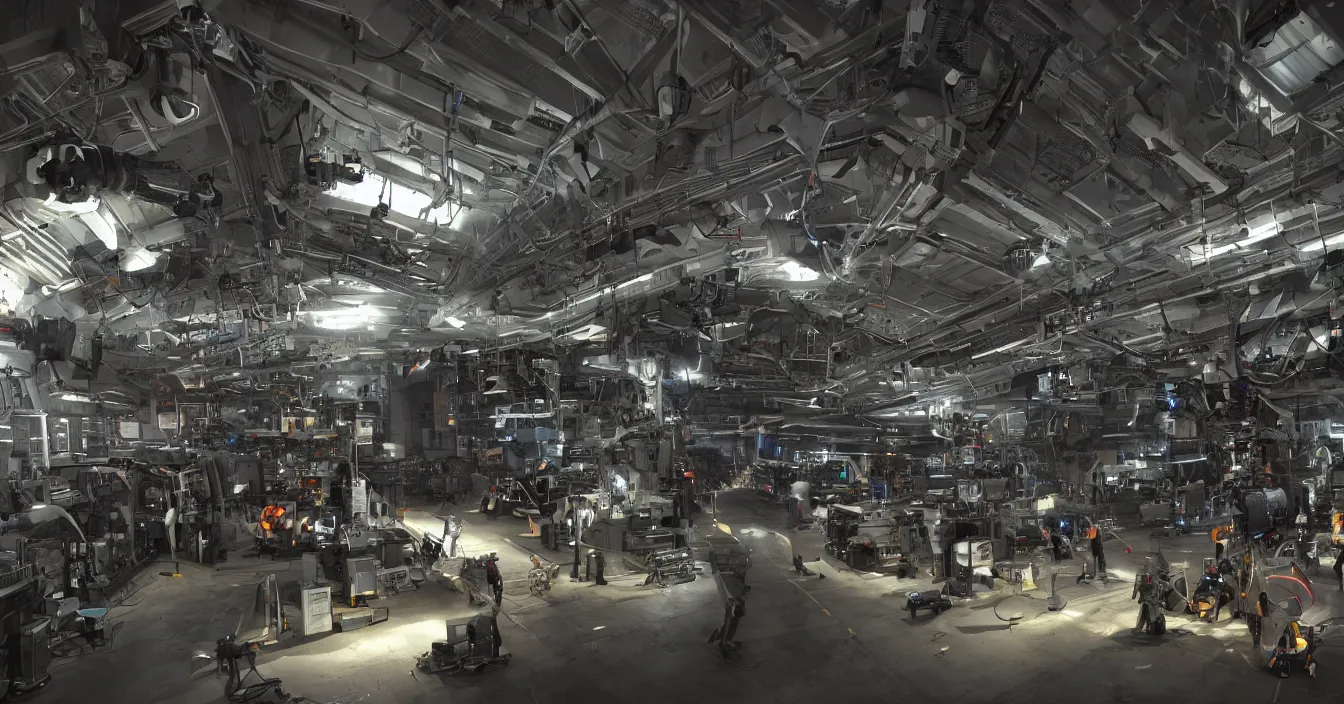 Prompt: Realistic detail photo of a factory interier for mech warrior production, full of various electronic and mechanical mech parts, devices and instruments, with hardware engineers and scientists walking around, spotlights from ceiling, incredible sharp details, light contrast, dark atmosphere, bright vivid colours, reflections, metal speculars, rendered in Unreal Engine, Redshift, journalistic photography from year 2194,