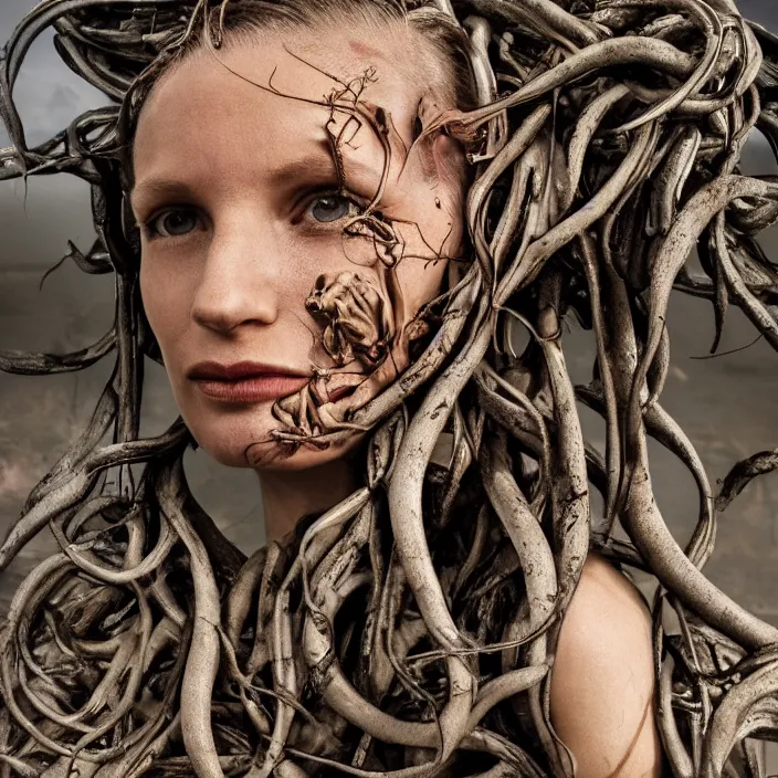 Image similar to closeup portrait of a cyborg woman with twisting roots and lilies growing out of her face, standing in a desolate apocalyptic city, by Annie Leibovitz and Steve McCurry, natural light, detailed face, CANON Eos C300, ƒ1.8, 35mm, 8K, medium-format print