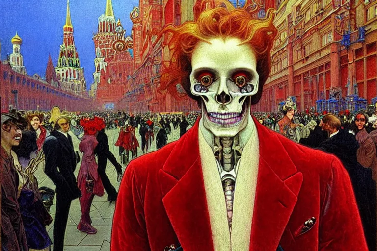 Image similar to realistic detailed closeup portrait painting of a single skeleton wearing red velvet blazer in a crowded futuristic moscow street by Jean Delville, Amano, Yves Tanguy, Alphonse Mucha, Ernst Haeckel, Edward Robert Hughes, Roger Dean, rich moody colours, blue eyes