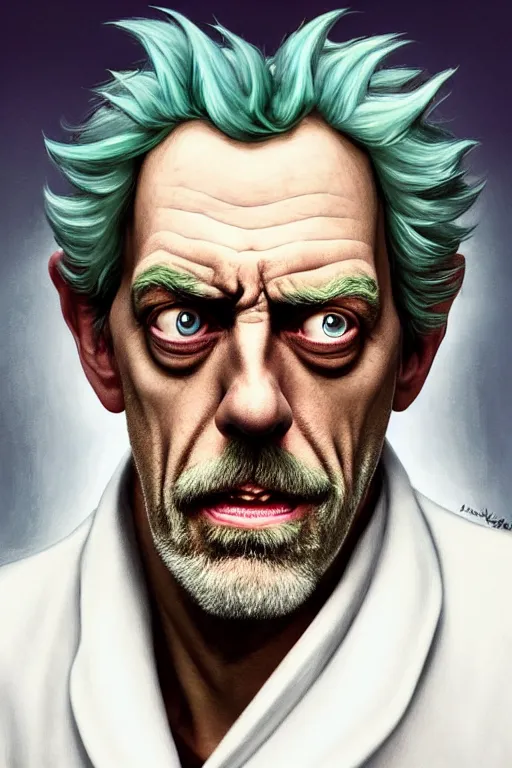 Image similar to Hugh Laurie as crazy genius Rick Sanchez from Rick and Morty, unibrow, white robe, big eyes, realistic portrait, symmetrical, highly detailed, digital painting, artstation, concept art, smooth, sharp focus, illustration, cinematic lighting, art by artgerm and greg rutkowski and alphonse mucha