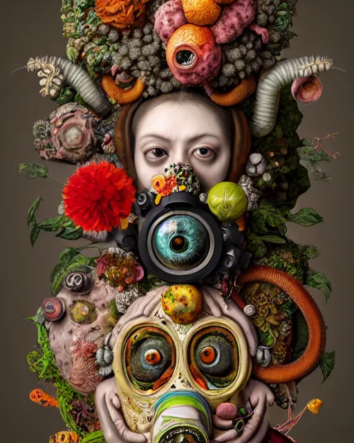 Image similar to a maximalist biomorphic portrait with with large eyes, expressive, wearing a botanical gas mask by arcimboldo, baroque painting by ayami kojima, mark ryden, cephalopod, mixed media 3 d collage, focus on head, soft light, 4 k, octane high quality render