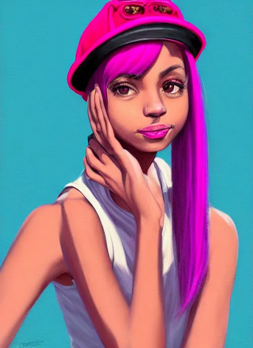 Image similar to portrait of teenage vanessa morgan with bright pink hair, black girl, curly pixie cut hair, wearing newsboy cap, pink short haircut, newsboy cap, hoop earrings, blue eyes, intricate, elegant, glowing lights, highly detailed, digital painting, artstation, concept art, smooth, sharp focus, illustration, art by wlop, mars ravelo and greg rutkowski