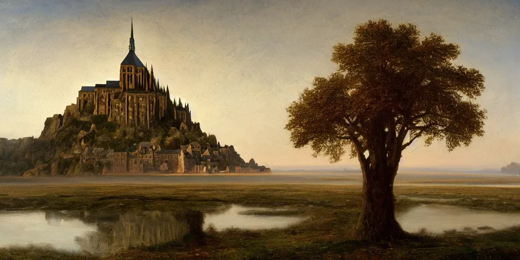 Prompt: masterpiece oil painting portraying mont saint michel in the style of romanticism landscape painters with a tree on the foreground,beautiful,misty,night sky,evocative,reflection in the water