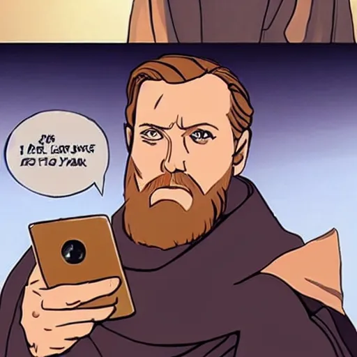 Prompt: obi-wan kenobi using a cell phone while drunk