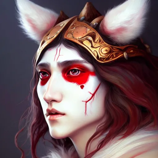 Image similar to Portrait of Princess Mononoke with red facepaint under her eyes, white fur, face, fantasy, intricate, elegant, highly detailed, digital painting, artstation, concept art, smooth, sharp focus, illustration, art by Fernanda Suarez and Artem Demura and alphonse mucha