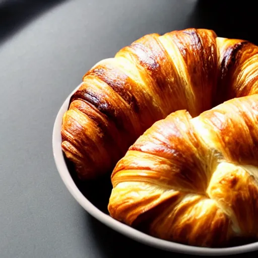 Prompt: croissants in a ceramic bowl