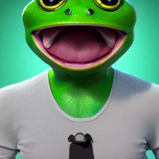 Image similar to a madge - pepe - the - frog, looking angrier than usual, quivering lips, fists in the air, sweat flying, cgi render, zbrush, octane, keyshot render