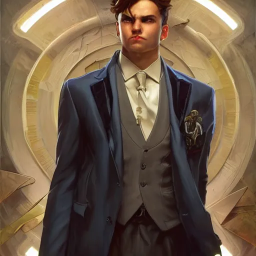 Image similar to character concept, wide angle, full body, symmetrical head - on centralized, young man with formal black suit. detailed, high quality, dynamic lightning, fantasy, scenematic. artwork by artgerm, wlop, alex ross, greg rutknowski, alphonse mucha